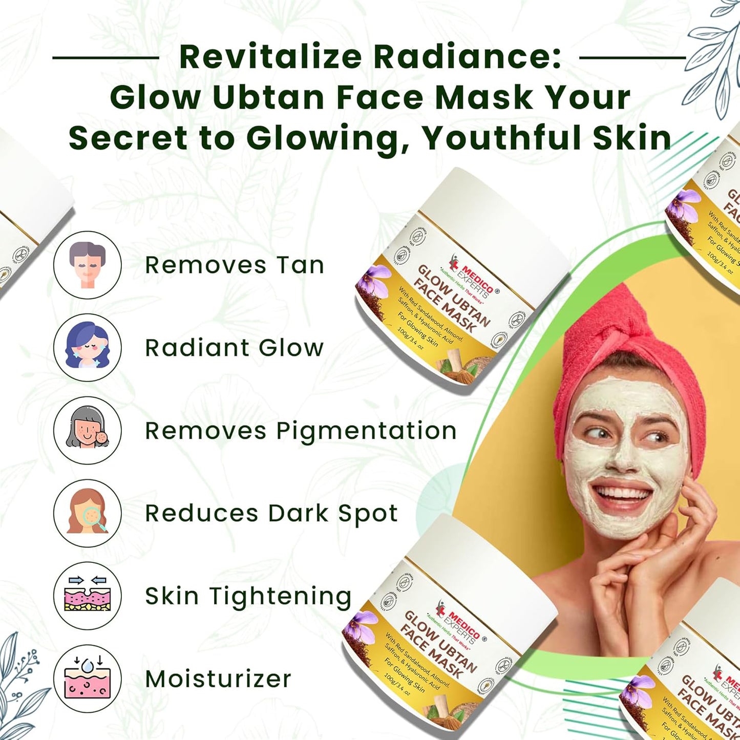 MedicoExperts Glow Ubtan Face Mask for Glowing Skin | Red Sandalwood, Hyaluronic & 11 Herbs