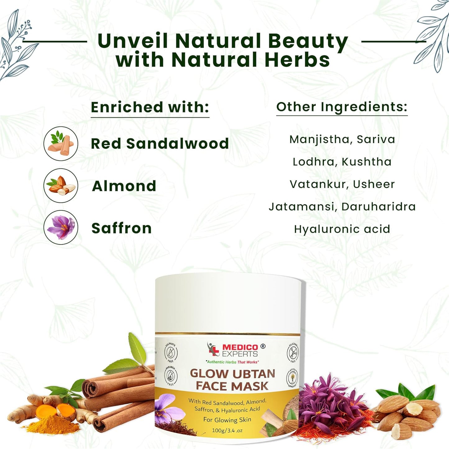 MedicoExperts Glow Ubtan Face Mask for Glowing Skin | Red Sandalwood, Hyaluronic & 11 Herbs