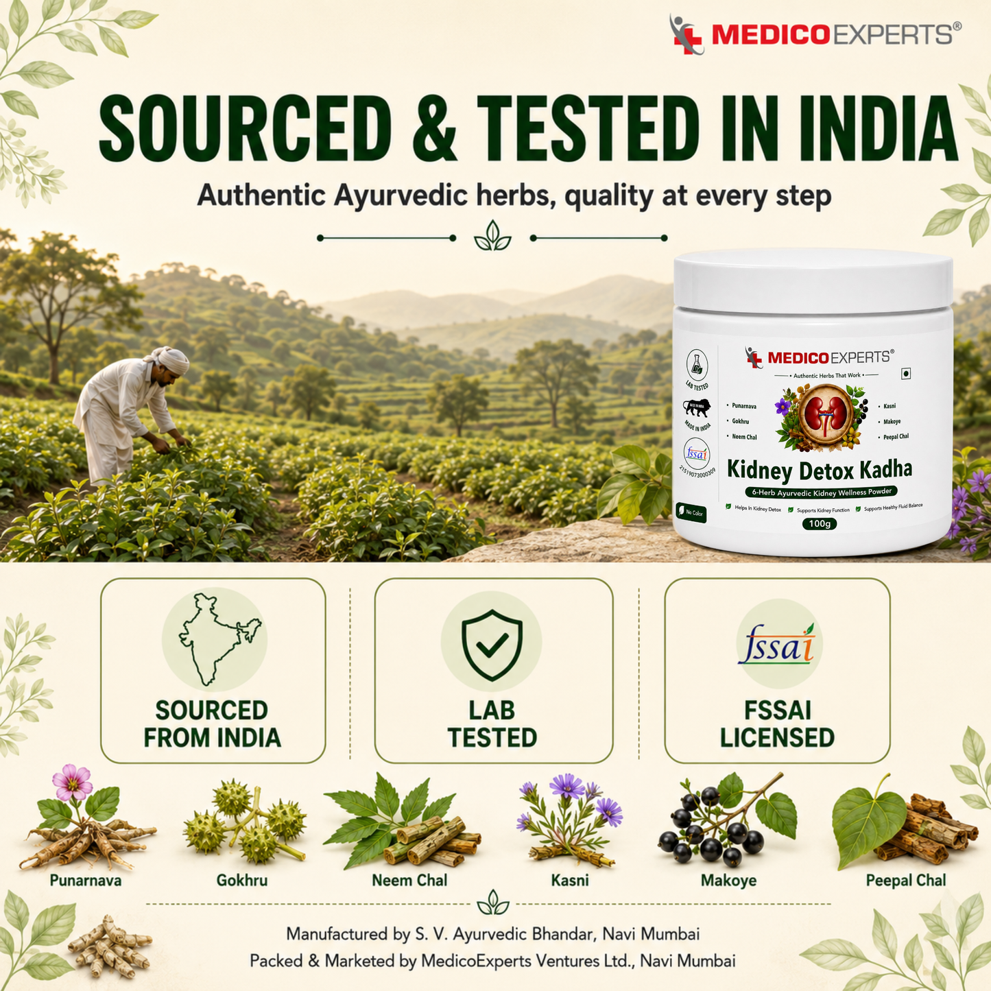 MedicoExperts Kidney Detox Kadha — 6-herb Ayurvedic kidney wellness powder