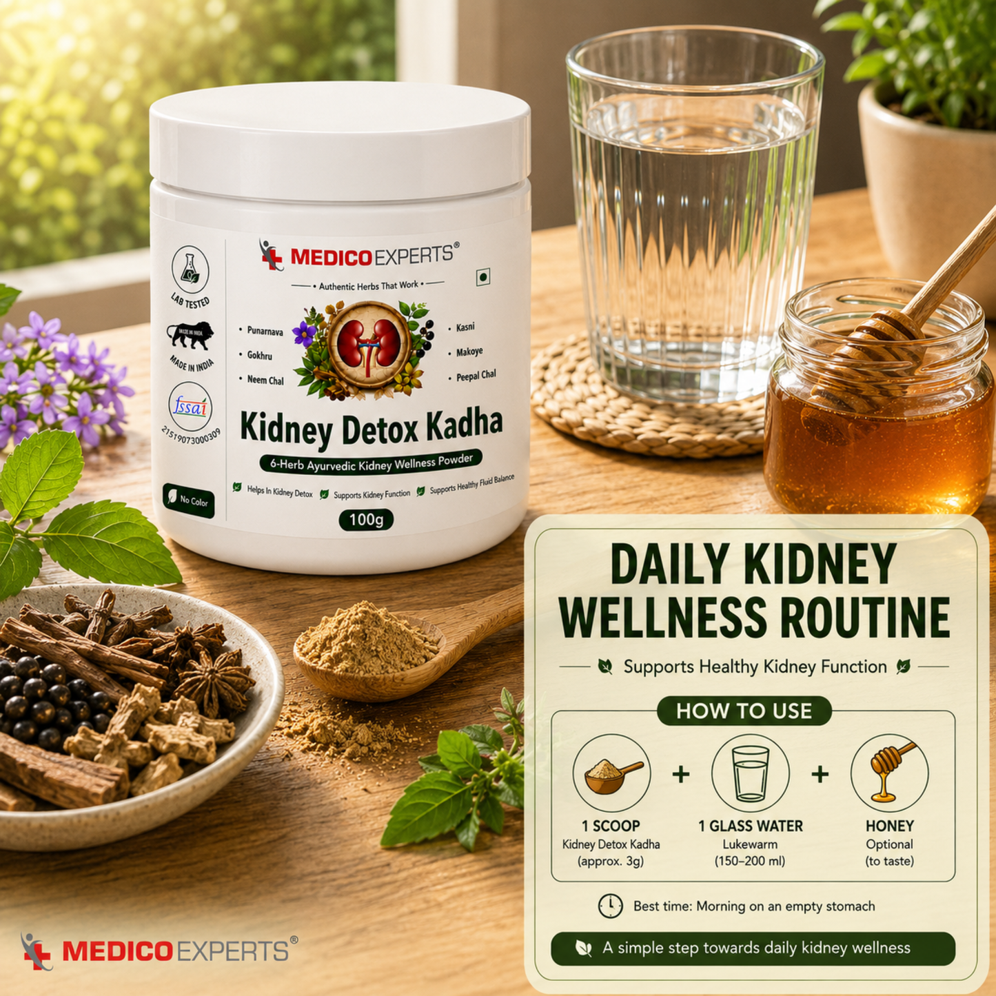 MedicoExperts Kidney Detox Kadha — 6-herb Ayurvedic kidney wellness powder
