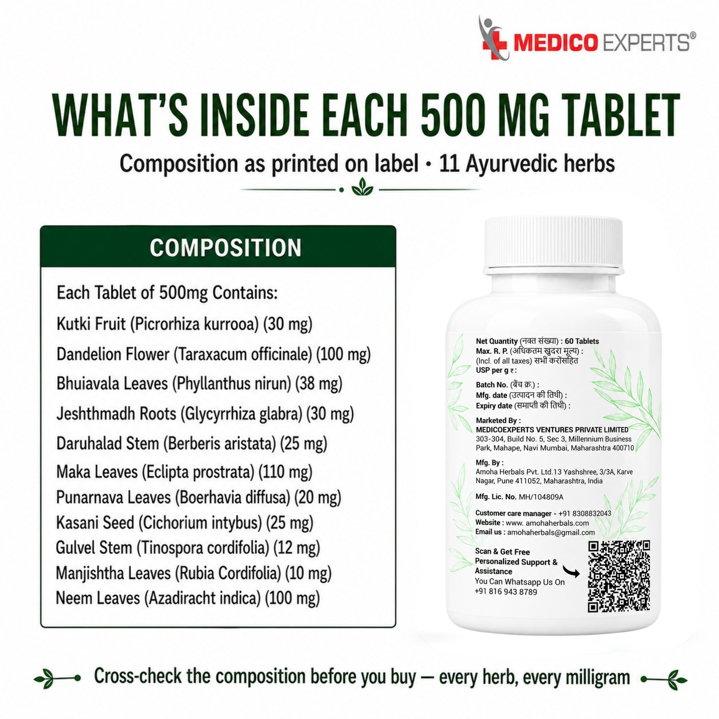 MedicoExperts L. Clenz Vati Ayurvedic Liver Detox Supplement | 11 Herbs (Dandelion, Kutki, Punarnava & more) | Fatty Liver Detox Tablets | For Daily Support After Heavy Meals & Alcohol