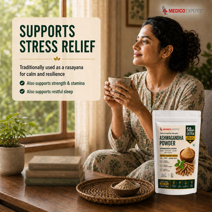 MedicoExperts Ashwagandha Powder for Stress Relief, Better Sleep & Daily Vitality | Root-Only | Withania Somnifera | Lab Tested