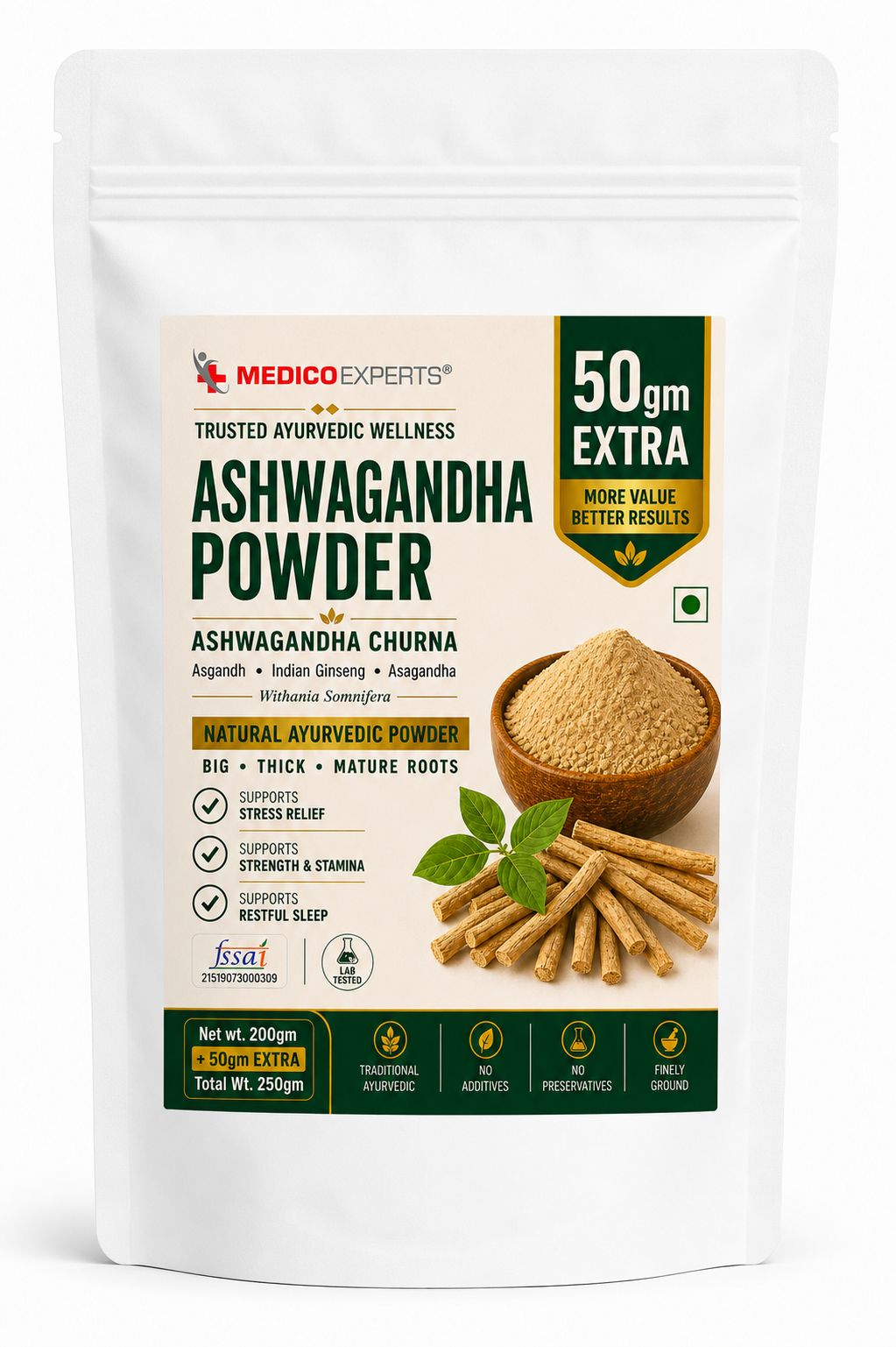MedicoExperts Ashwagandha Powder for Stress Relief, Better Sleep & Daily Vitality | Root-Only | Withania Somnifera | Lab Tested