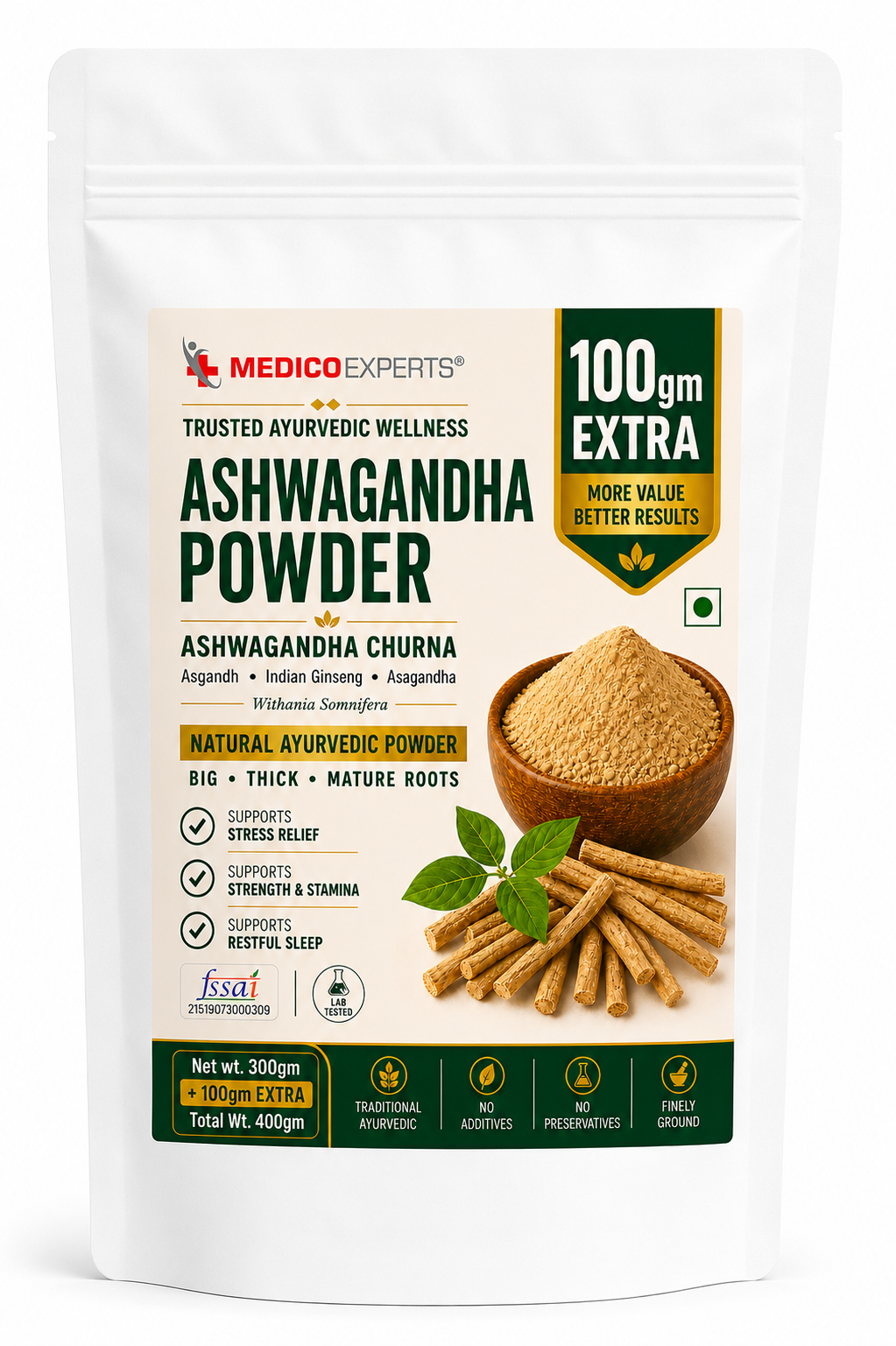 MedicoExperts Ashwagandha Powder for Stress Relief, Better Sleep & Daily Vitality | Root-Only | Withania Somnifera | Lab Tested