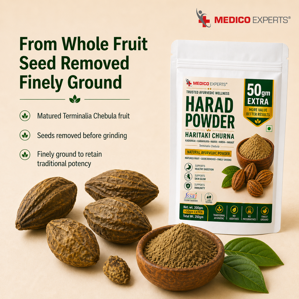 MedicoExperts Organic Harad Powder| Haritaki | Inknut | Terminalia Chebula | FSSAI Certified, Lab Tested, No Additives