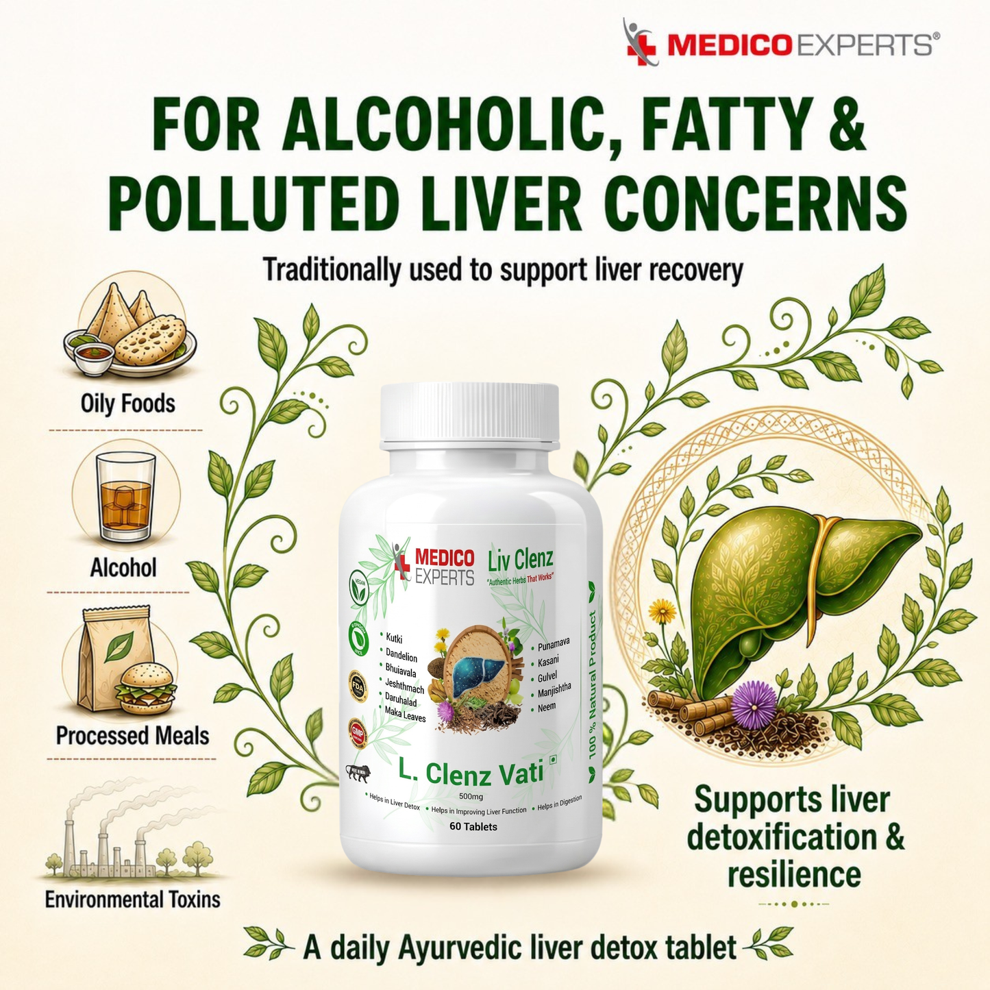 MedicoExperts L Clenz Vati - Ayurvedic Liver Detox Supplement | Helps Repairing Liver From Alcoholic & Fatty Liver