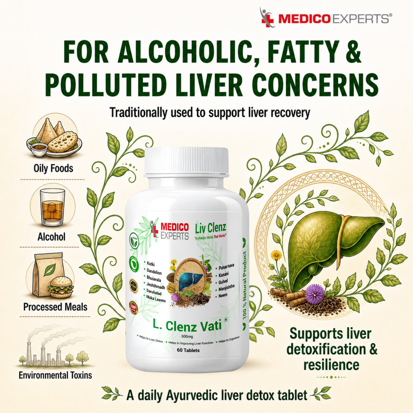MedicoExperts L. Clenz Vati Ayurvedic Liver Detox Supplement | 11 Herbs (Dandelion, Kutki, Punarnava & more) | Fatty Liver Detox Tablets | For Daily Support After Heavy Meals & Alcohol
