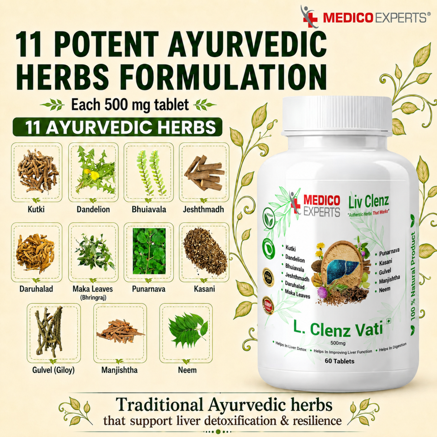 MedicoExperts L. Clenz Vati Ayurvedic Liver Detox Supplement | 11 Herbs (Dandelion, Kutki, Punarnava & more) | Fatty Liver Detox Tablets | For Daily Support After Heavy Meals & Alcohol