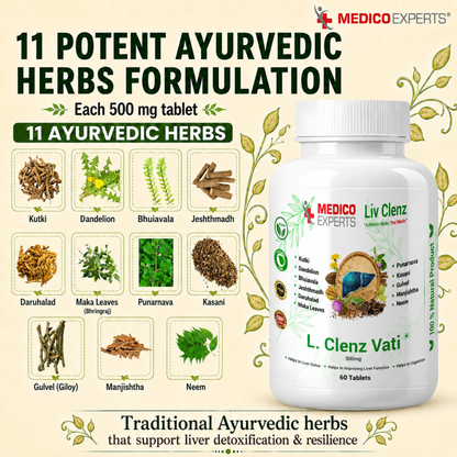 MedicoExperts L. Clenz Vati Ayurvedic Liver Detox Supplement | 11 Herbs (Dandelion, Kutki, Punarnava & more) | Fatty Liver Detox Tablets | For Daily Support After Heavy Meals & Alcohol