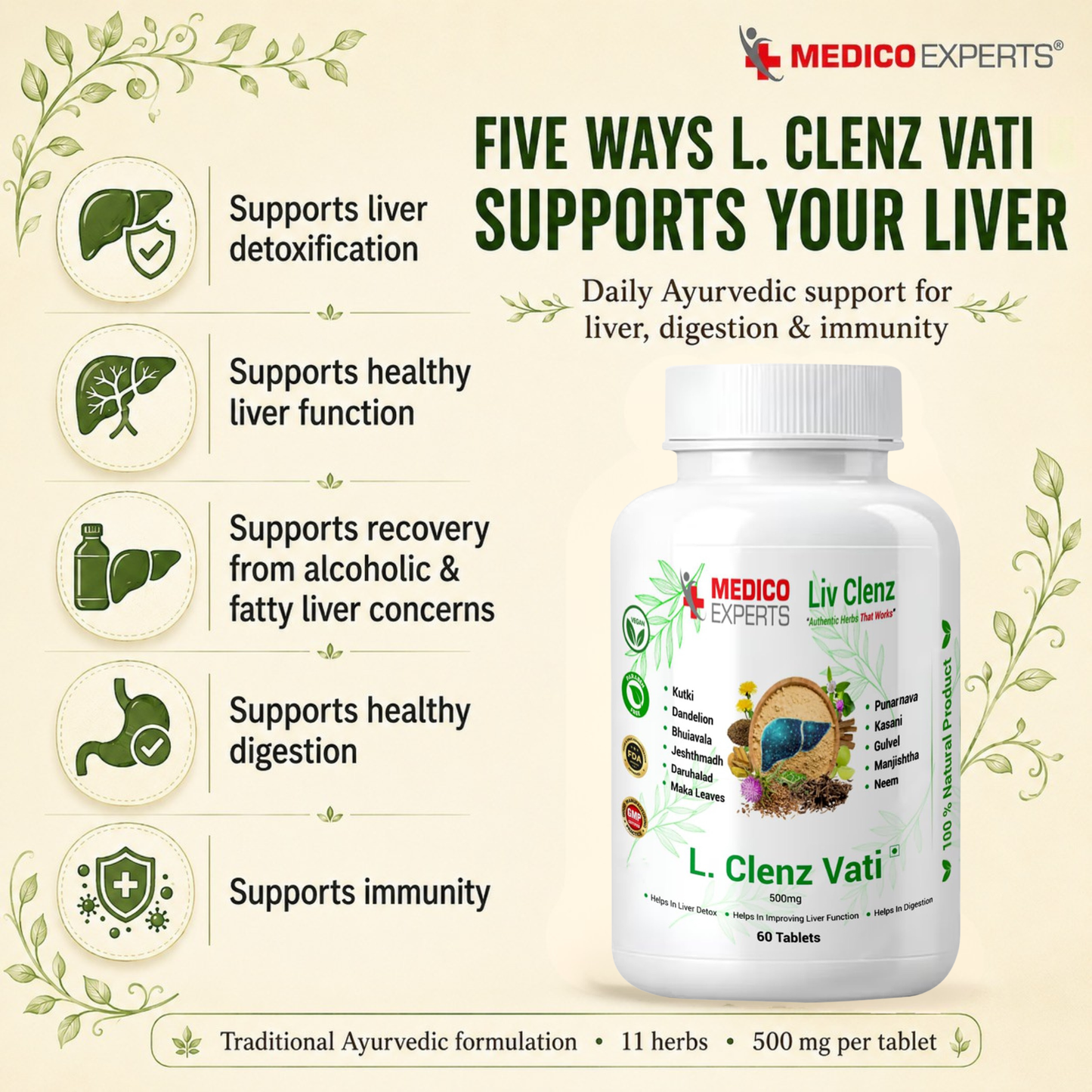 MedicoExperts L. Clenz Vati Ayurvedic Liver Detox Supplement | 11 Herbs (Dandelion, Kutki, Punarnava & more) | Fatty Liver Detox Tablets | For Daily Support After Heavy Meals & Alcohol